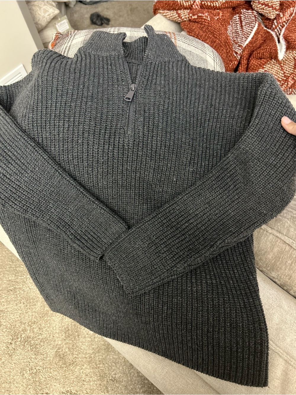 Womens Charcoal Half-Zip Ribbed Sweater